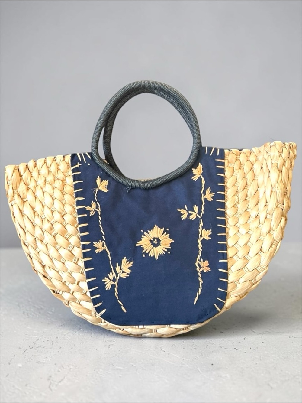 Handwoven Straw Tote Embroidered Floral Market Bag Artisan Resort Handbag
